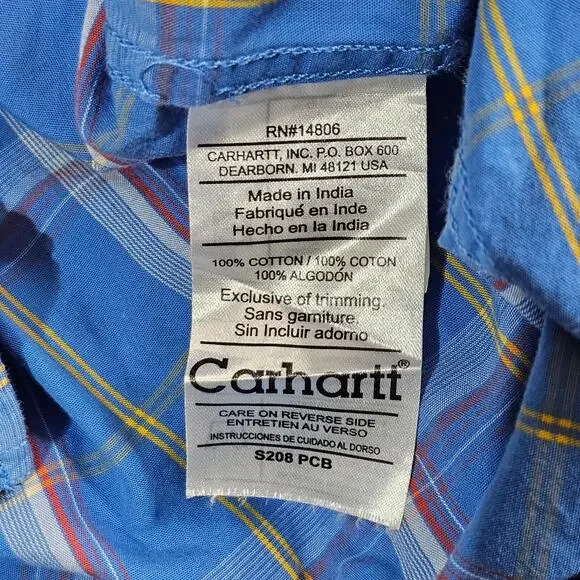 Carhartt Shirt Men's L Blue Plaid Short Sleeve Button Down‎ Pockets Casual Light - Picture 7 of 8